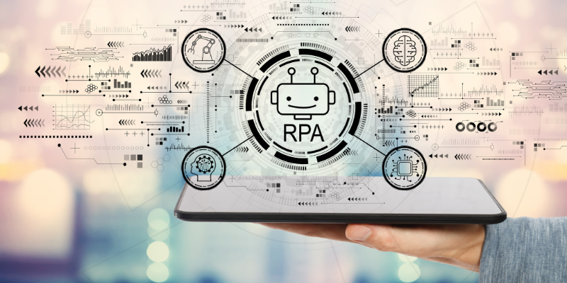 A person holding a tablet with the word rpa on it.
