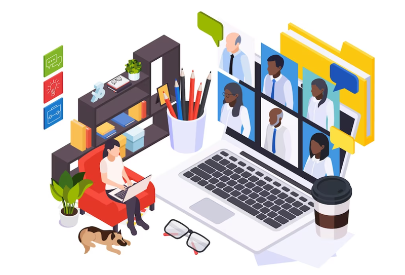 Isometric illustration of a group of people on a laptop.