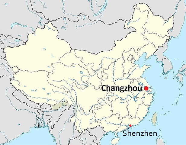 Un mapa de China, con las ciudades de Changzhou y Shenzhen resaltadas.