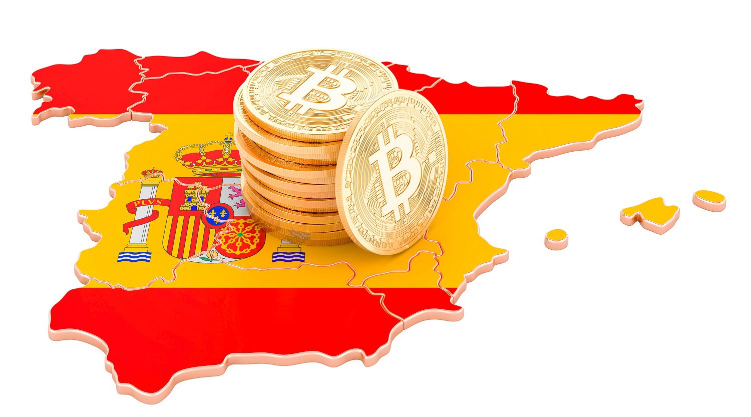 Un mapa 3D de España, decorado con los colores de la bandera nacional española, con una pila de fichas de metal destinadas a representar Bitcoin.