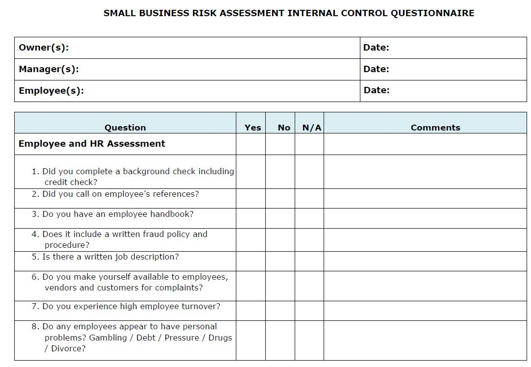 A sample of a small business assessment form.