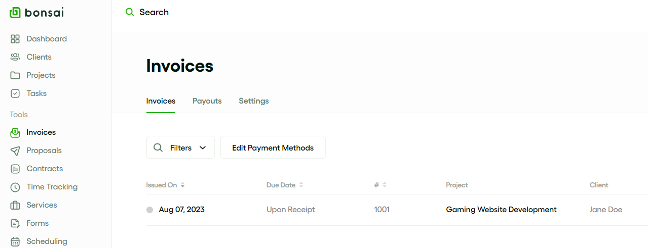 A screen shot of the Bonsai invoice page.