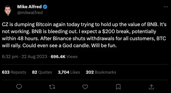 Mike Alfred acusa a CZ de descargar Bitcoin.