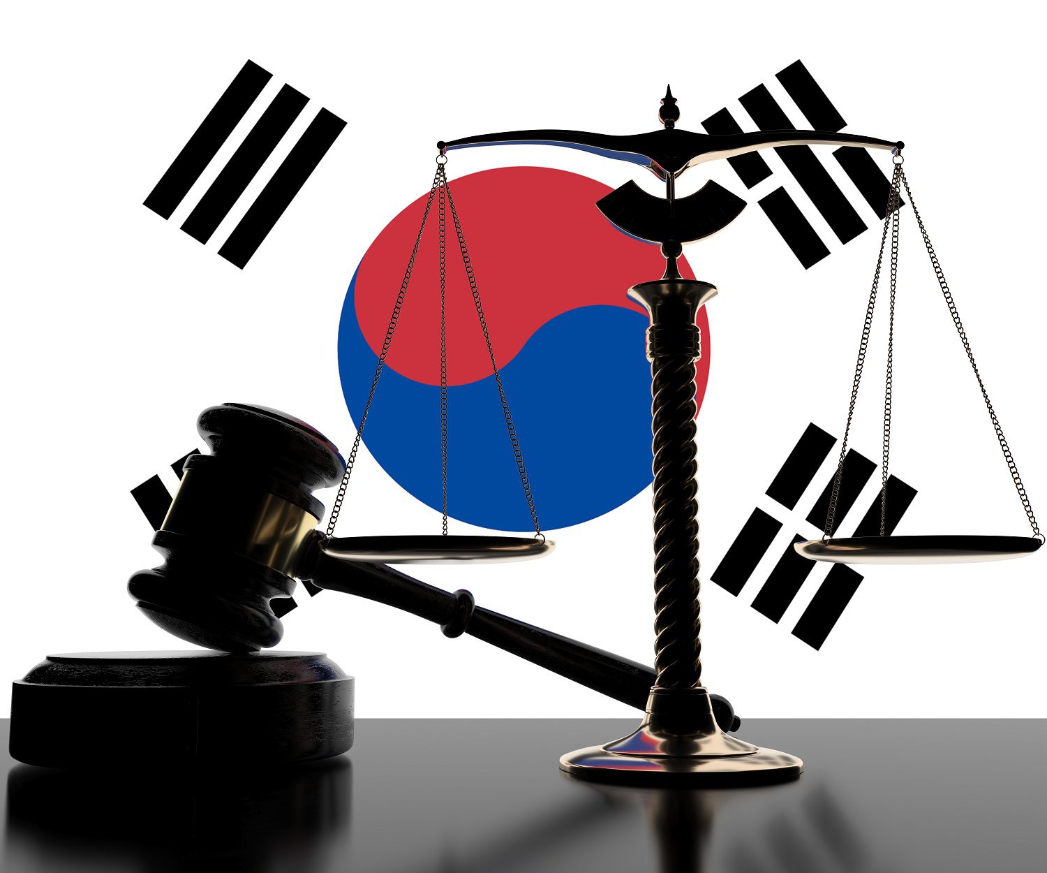 Un mazo de juez, un bloque y una balanza sobre una mesa frente a la bandera de Corea del Sur.
