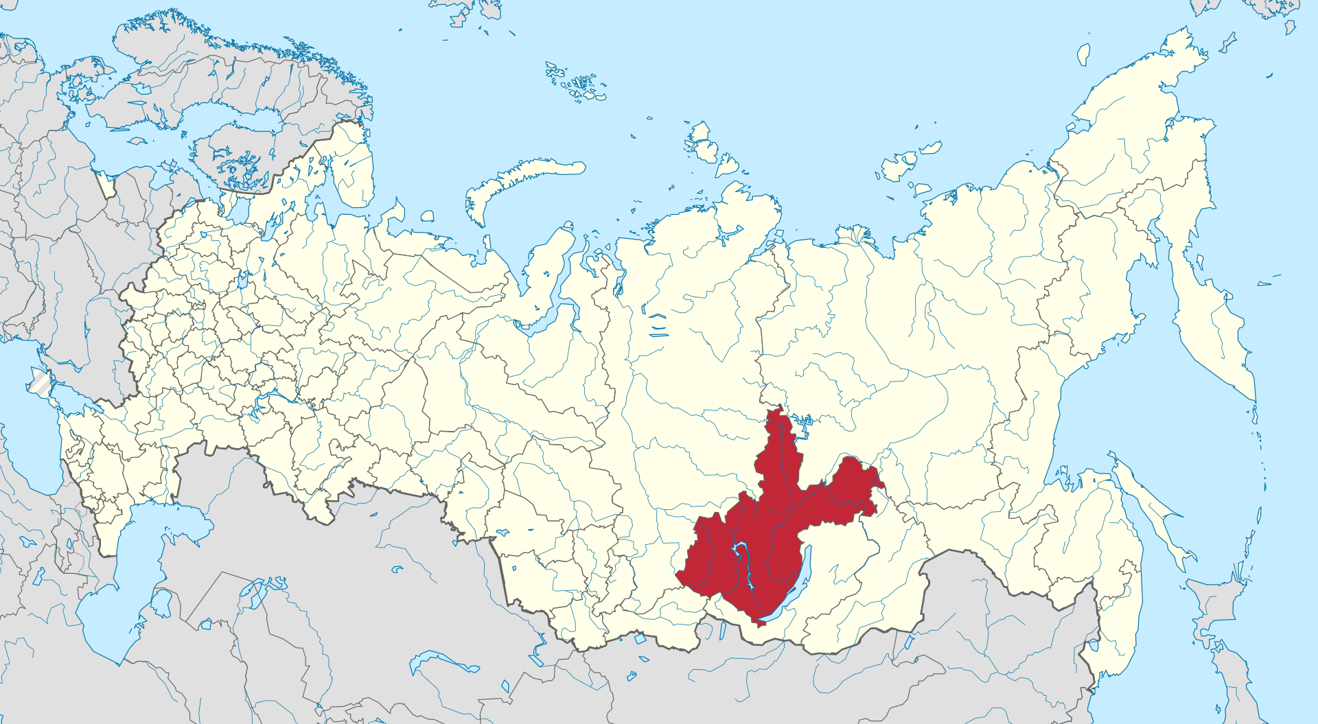 Un mapa de Rusia, con el Óblast de Irkutsk sombreado en rojo.