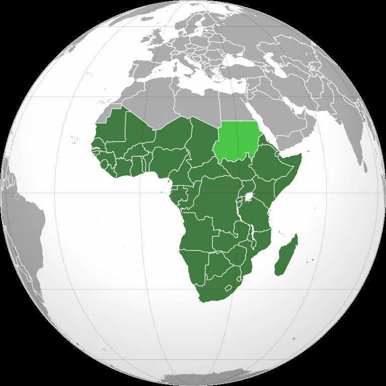 Un mapa mundial con África subsahariana sombreada en verde