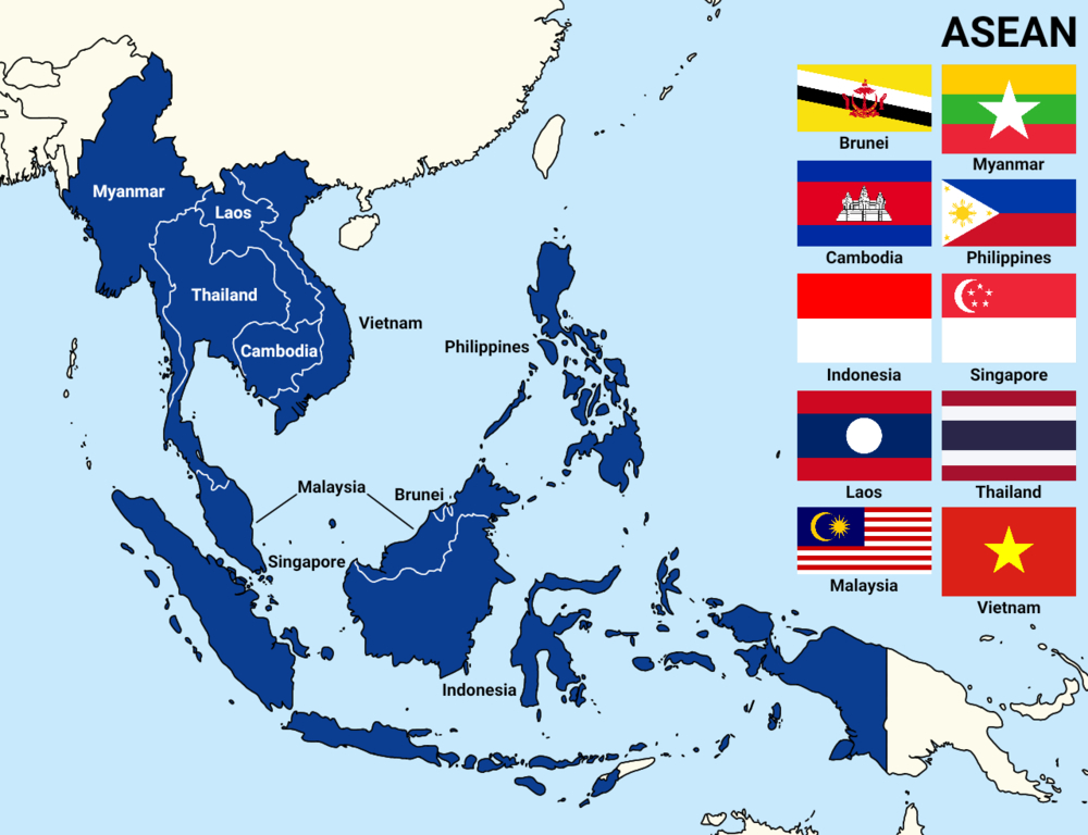 Un mapa de las naciones de la ASEAN, con los estados miembros sombreados en azul oscuro, junto con la bandera de cada país.