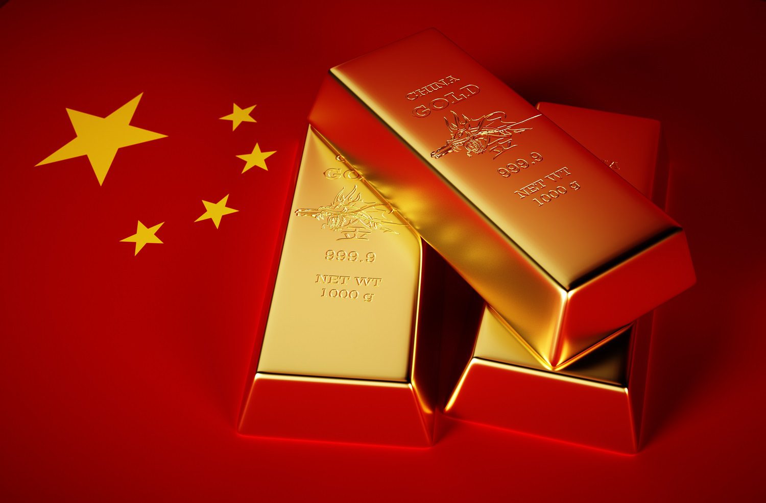 Barras de oro en el fondo de la bandera china.