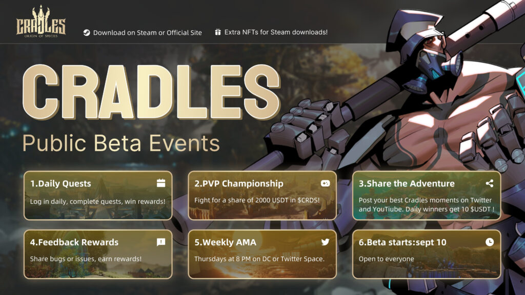 eventos planeados en la beta abierta de Cradles
