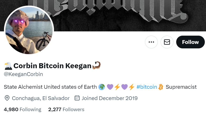 Una captura de pantalla de la biografía de X (Twitter) de Corbin Keegan.