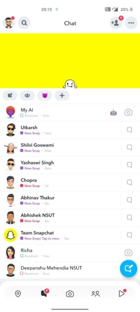 Sección de chat de Snapchat