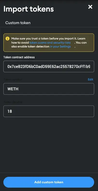 Importe tokens WETH a la cuenta Polygon en MetaMask