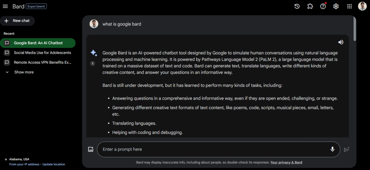 captura de pantalla de la pregunta de Google Bard sobre qué es, tomada por el escritor Geekflare