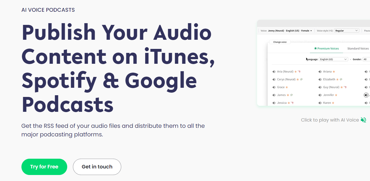 A screen with the words publish your audio content on itunes, spotify & google podcasts.