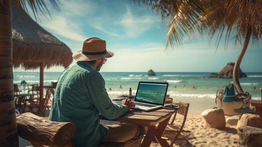 Person on the beach with laptop. International Freelancer Day