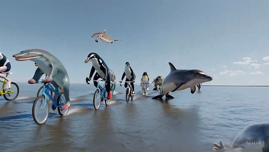 A video created by Sora AI that shows realistic and anthropomorphized oceanic animals riding bicycles across the sea.