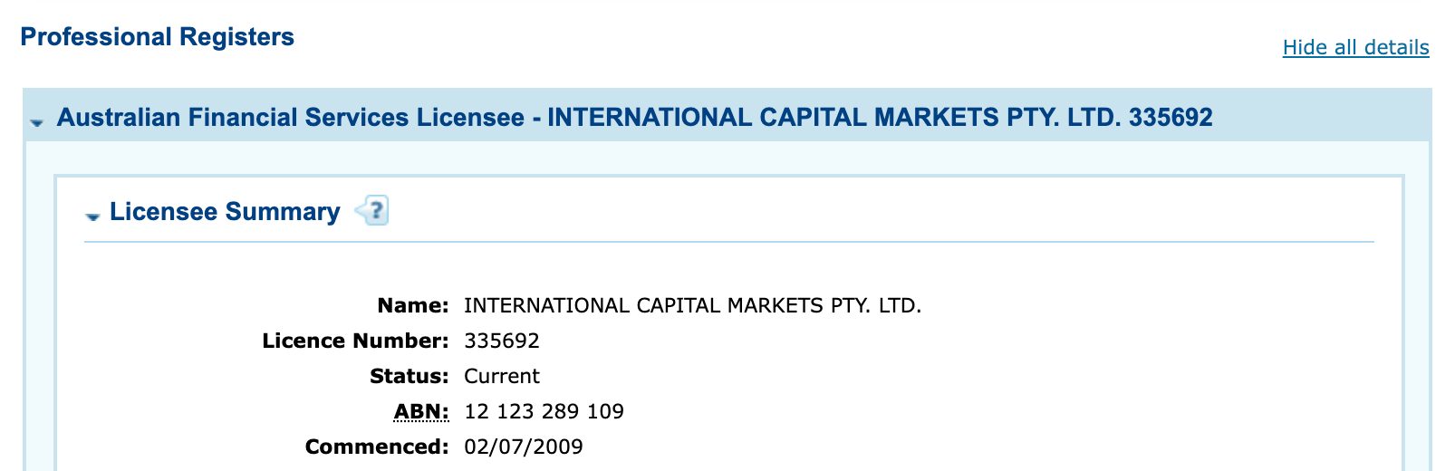 Registro AFSL de Mercados de Capitales Internacionales Pty