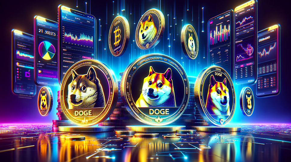 Esta vibrante imagen captura la esencia de Dogecoin dentro de un entorno financiero futurista, destacando la intersección de las criptomonedas y el análisis digital avanzado.