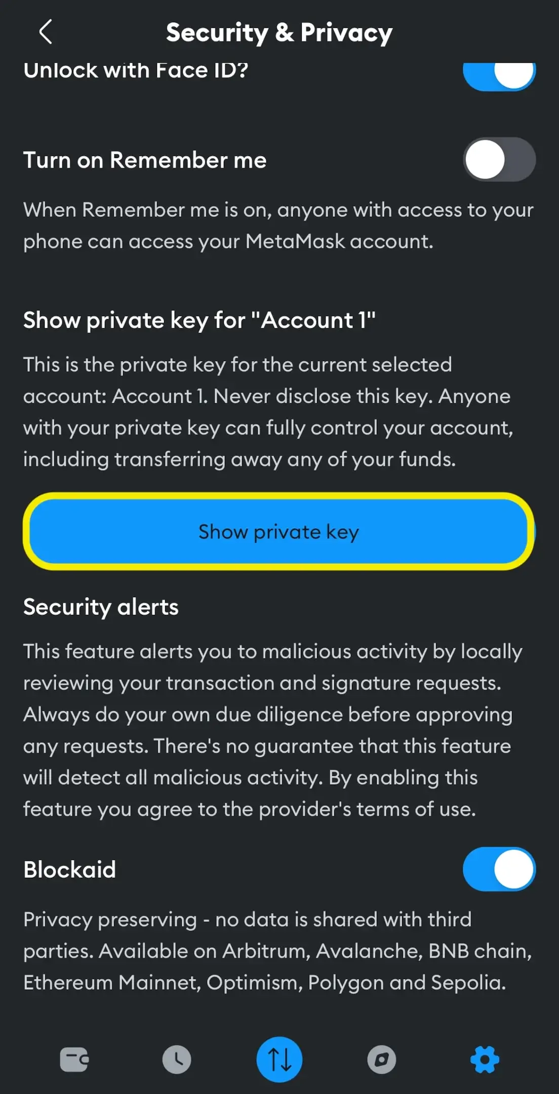 Opción para mostrar clave privada