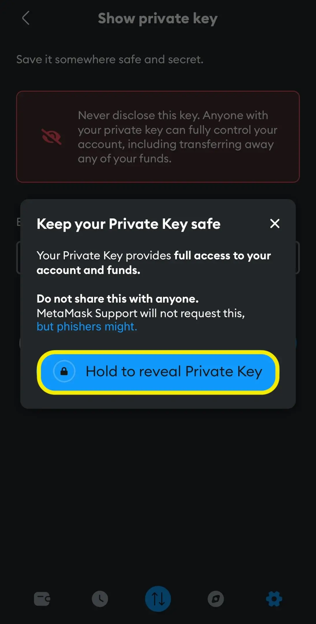 Mantenga presionado para revelar la clave privada.