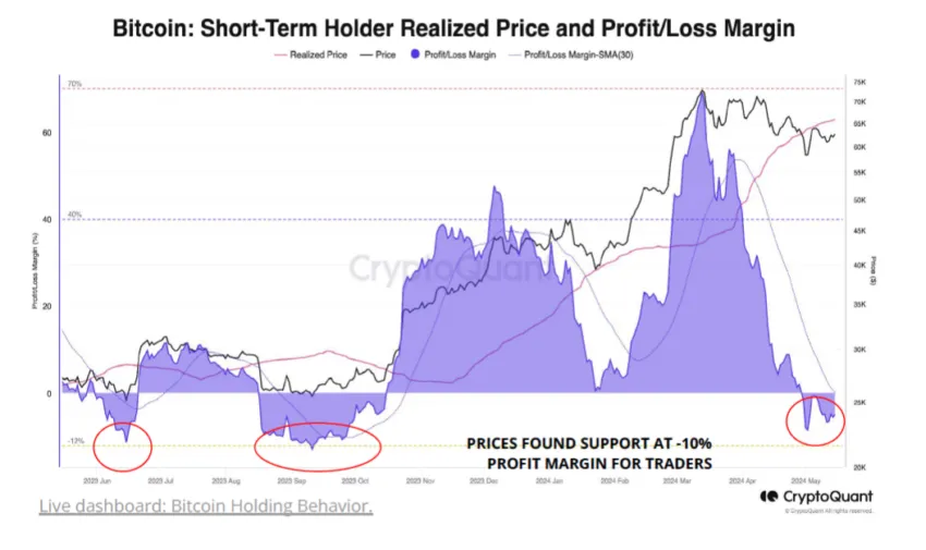 El poseedor de Bitcoin a corto plazo se dio cuenta del precio y del margen de ganancias/pérdidas.