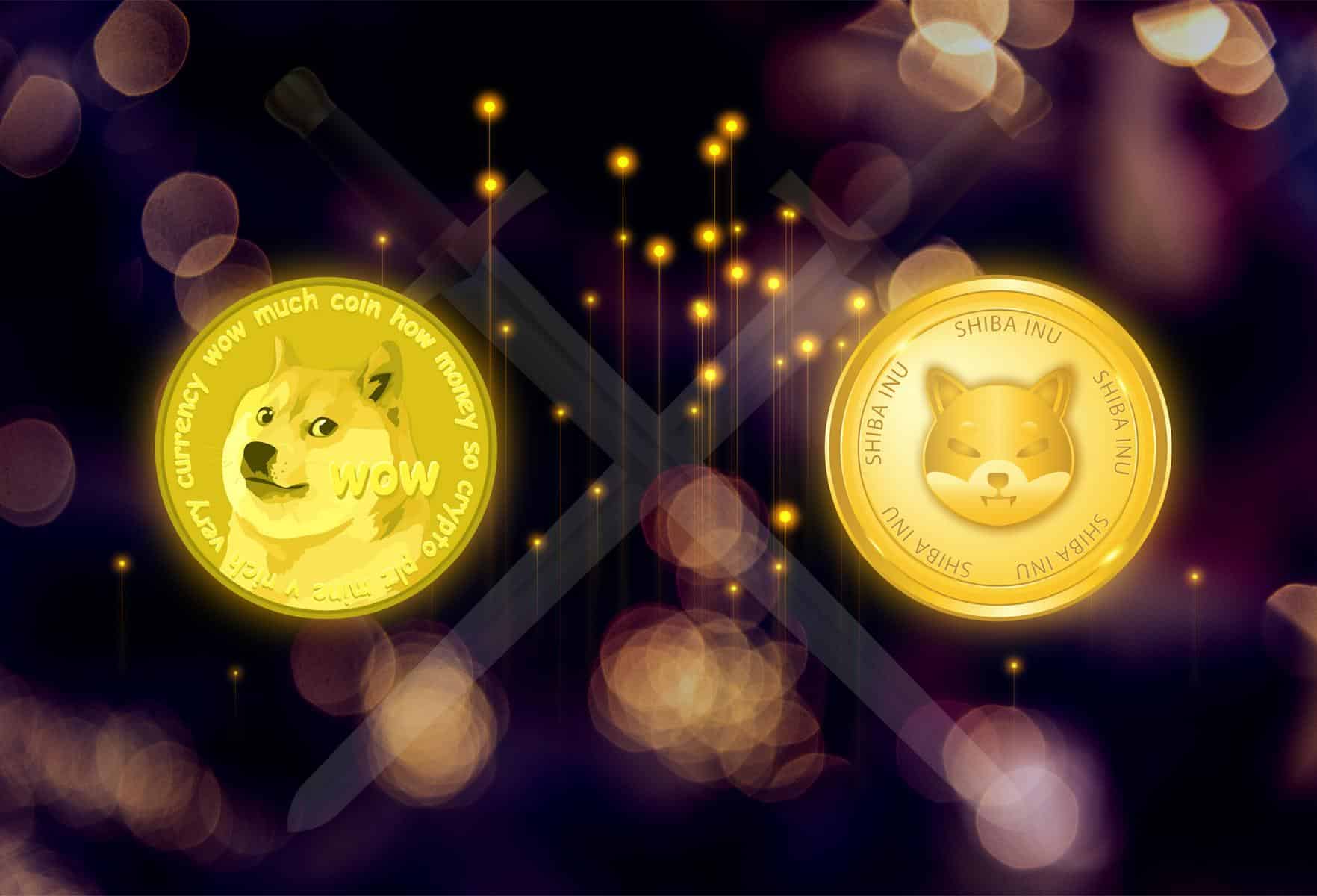 Logotipos de Dogecoin-DOGE-vs-Shiba-Inu-SHIB-sobre-un-fondo-borroso