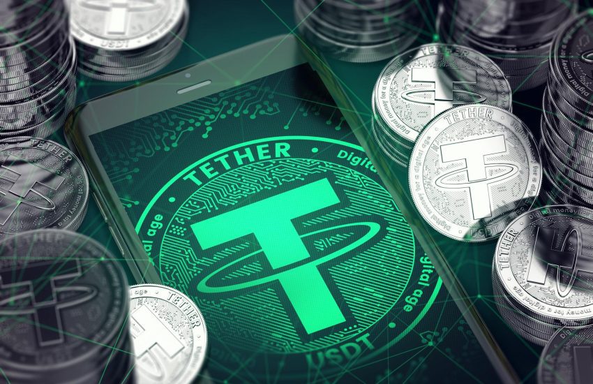 Tether-USDT-logo-in-green-surrounded-by-silver-coins