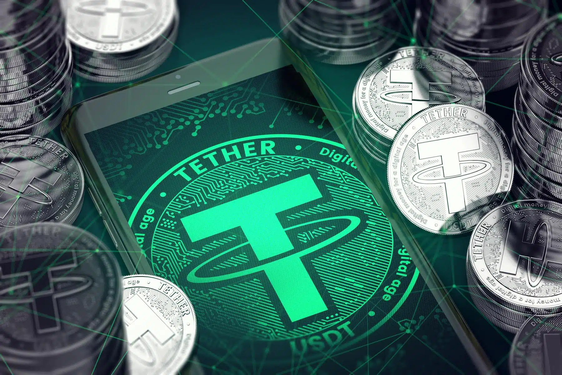 Logotipo-de-tether-USDT-en-verde-rodeado-de-monedas-de-plata