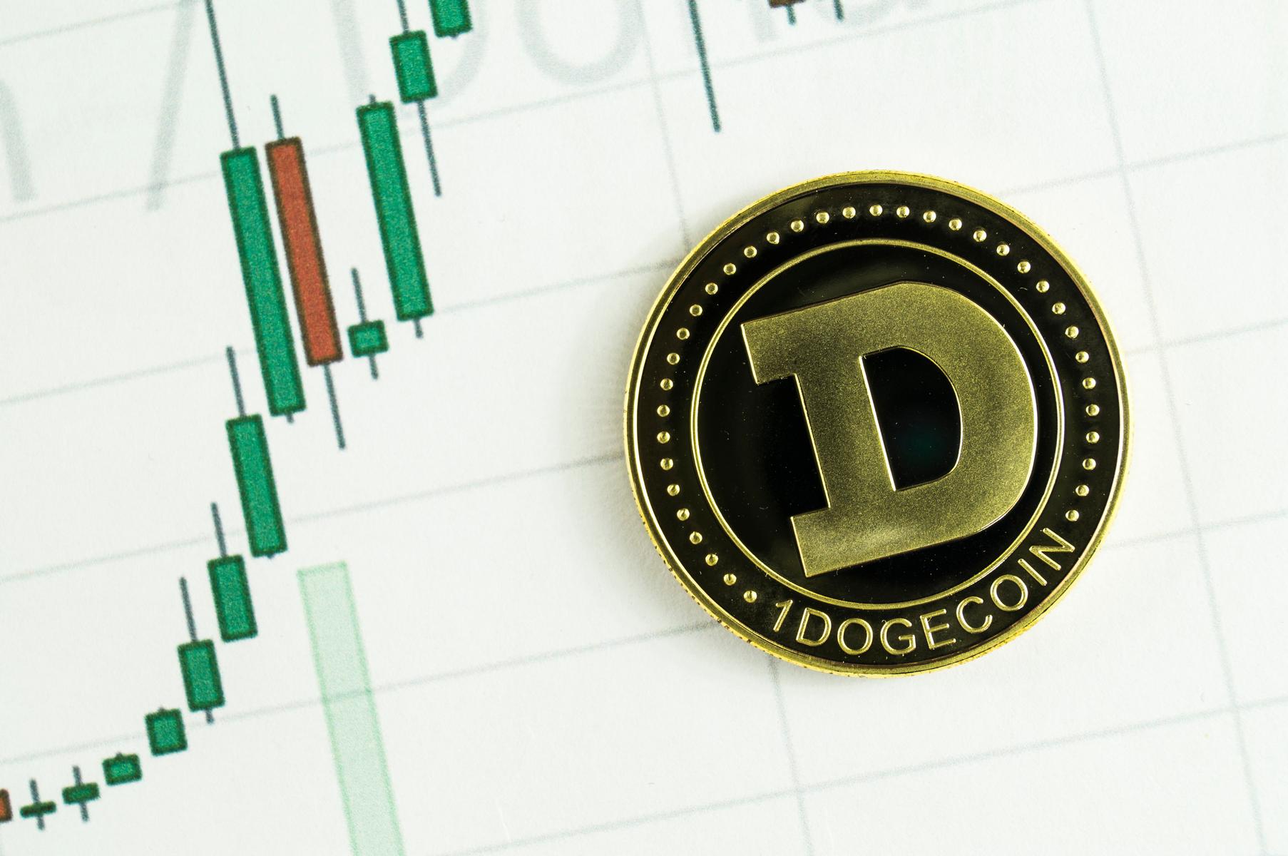 Dogecoin-DOGE-monedas-con-un-fondo-de-gráfico-comercial-blanco