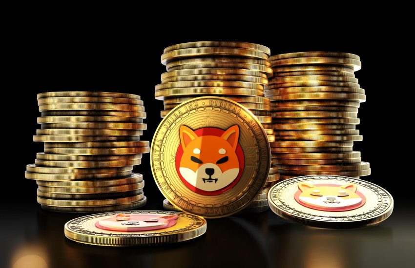 Shiba-Inu-SHIB-coins-stacked-in-rows-on-a-dark-background