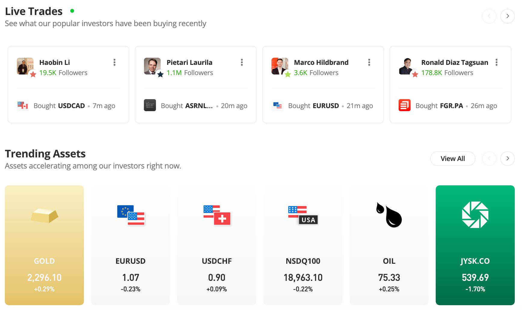 Plataforma eToro que muestra la funcionalidad de operaciones en tiempo real