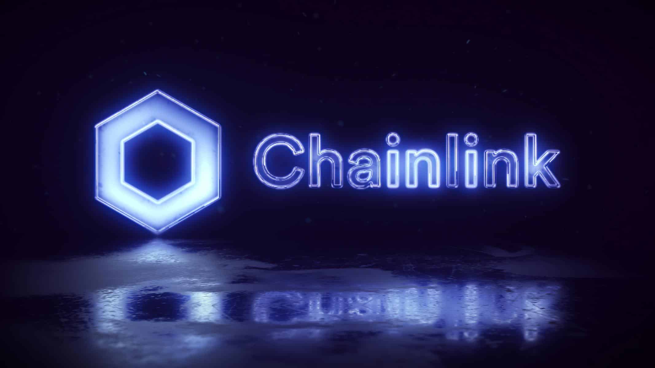 Logotipo de Chainlink-LINK con luces LED y fondo oscuro