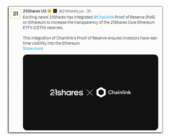 21 acciones tuitean sobre la integración de Chainlink con sus reservas de ETH
