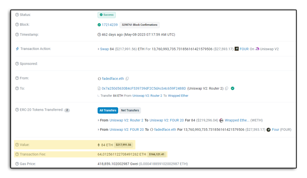 datos de escaneo de éter que muestran detalles de ETH perdido