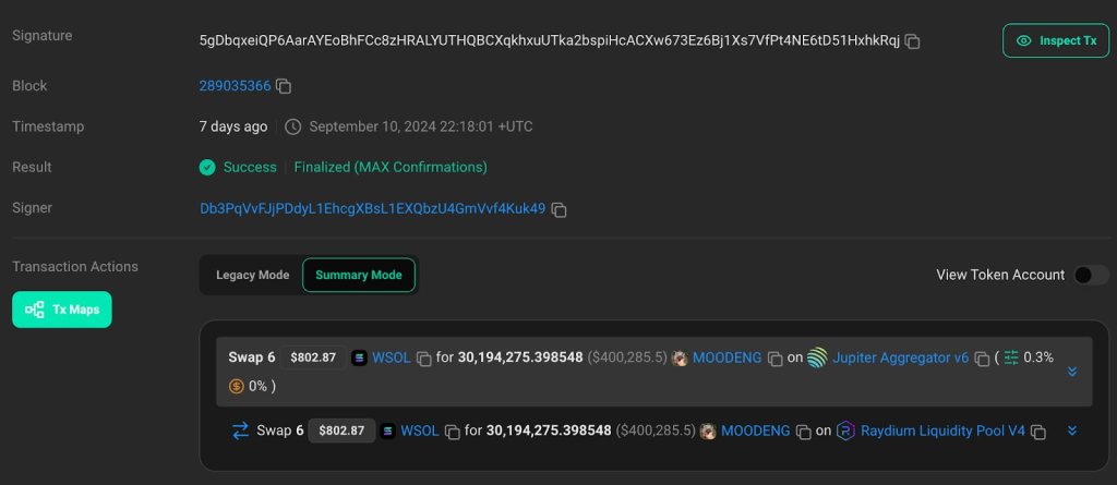 Meme Coin Trader compra MooDeng por valor de $ 800 | Fuente: @ArkhamIntel vía X