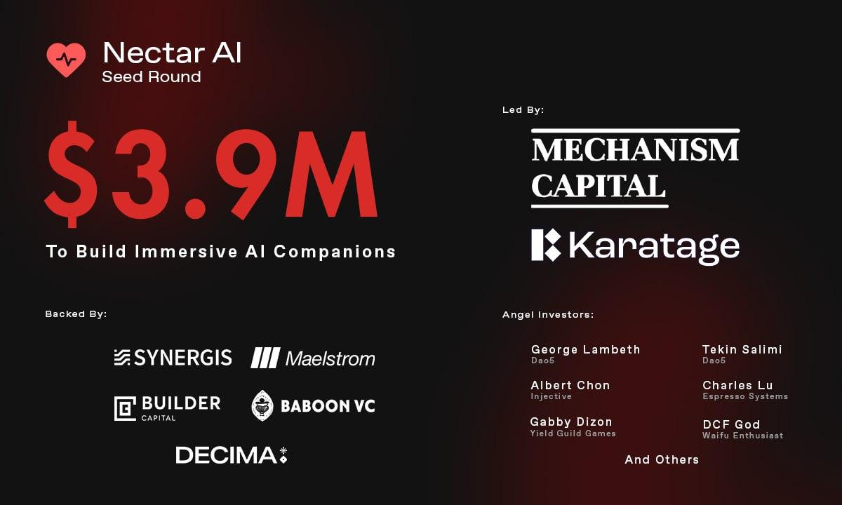 Nectar AI obtiene 3,9 millones de dólares para crear compañeros de IA inmersivos y personalizables utilizando web3 e IA generativa, ofreciendo experiencias únicas de interacción y narración.