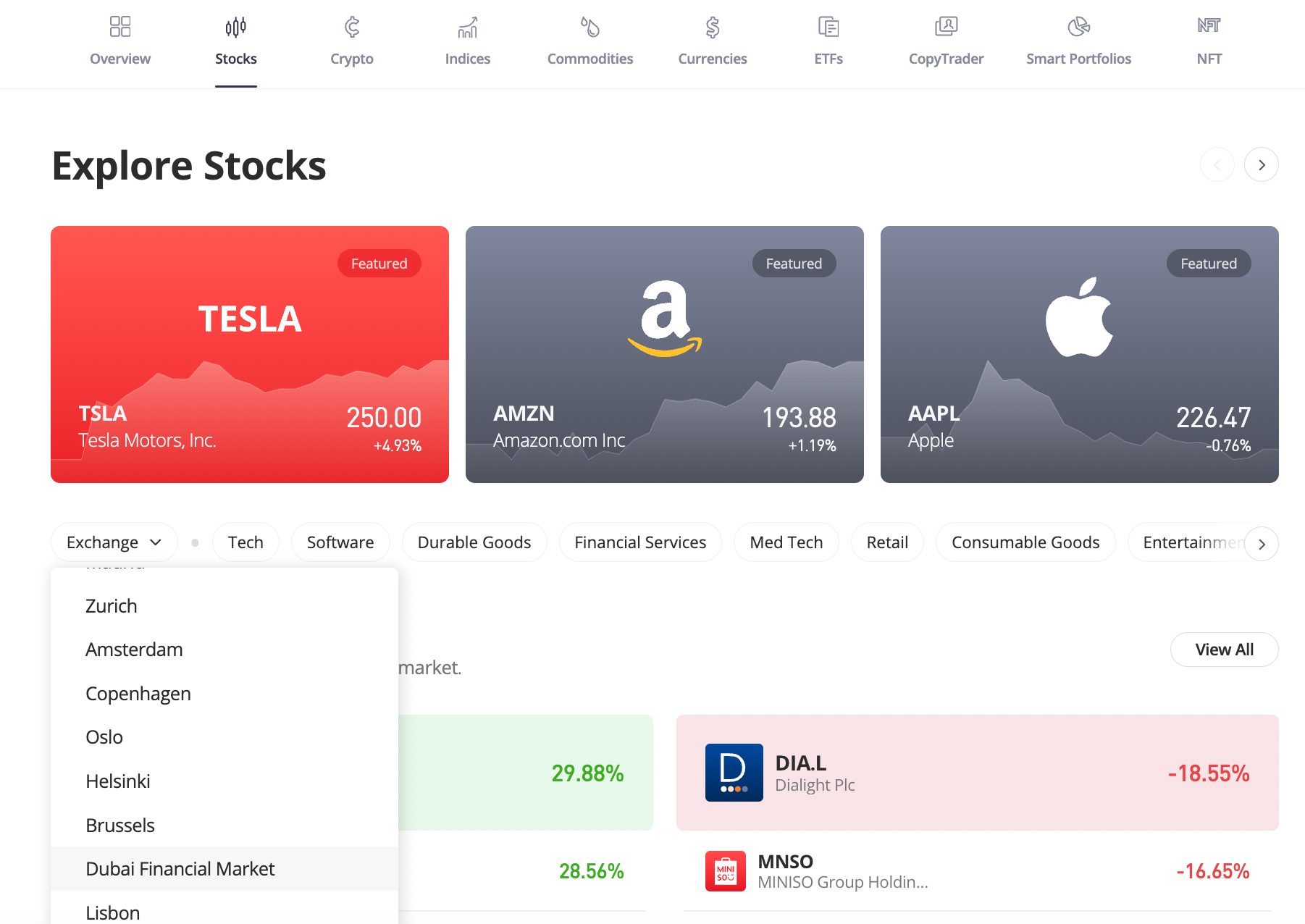 Filtrado de acciones que cotizan en DFM en la plataforma de negociación de eToro