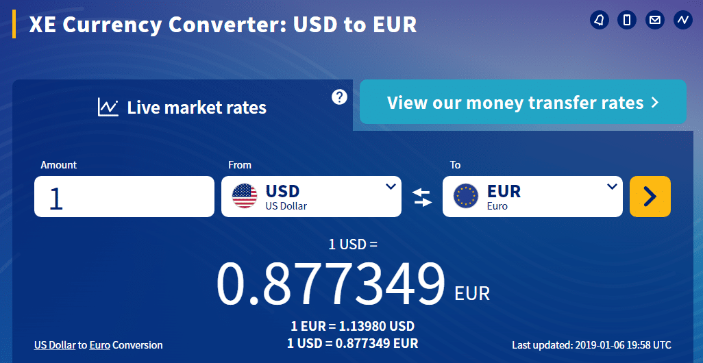 Tasa de conversión USD vs Euro a través de XE