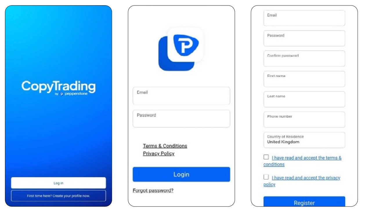 Registro de cuenta en la aplicación de copy trading de Pepperstone
